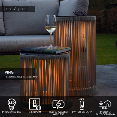 Lucide PINGI - Rechargeable Floor lamp Indoor/Outdoor - Battery pack - Ø 33,5 cm- LED 3 StepDim - 1x3W 3000K - IP44 - Taupe